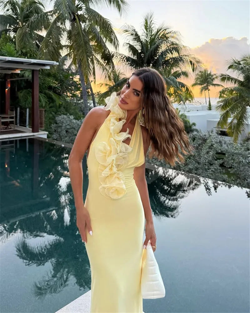 CAMINA Elegant Halter Sleeveless Backless Rose Deep V Neck Dress