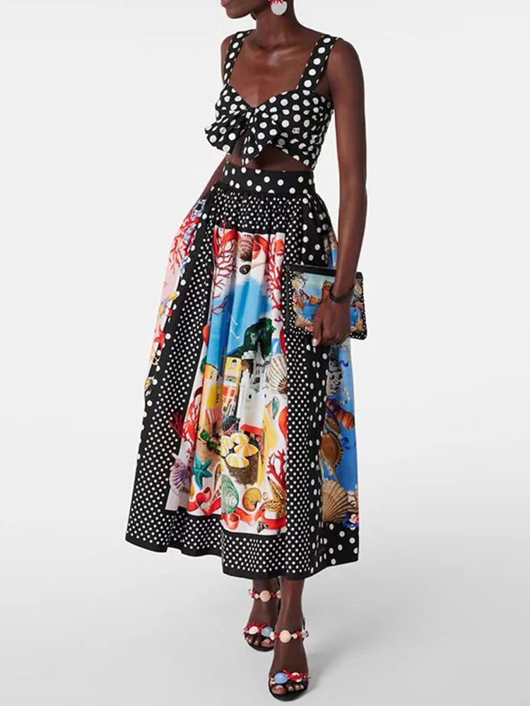Retro Polka top halter wear + high waist geometric print loose skirt set