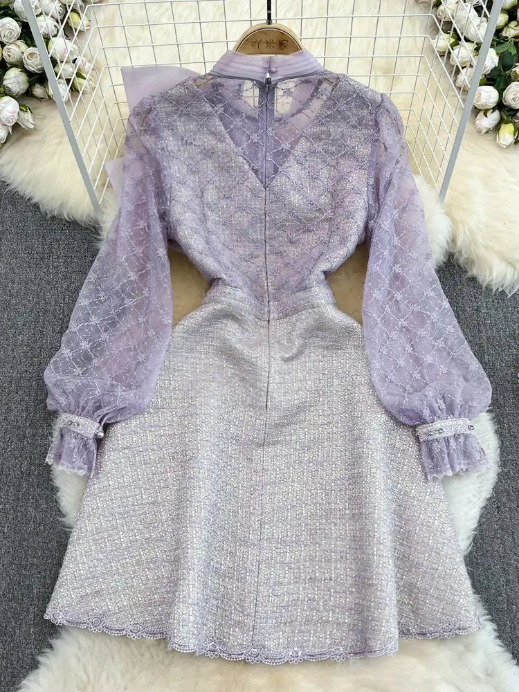 Elegant Bubble Long Sleeve Stand Collar Embroidery A-Line Dress