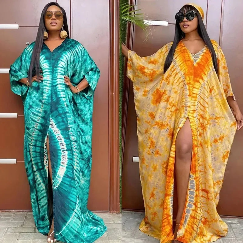 African Retro Long Robe Printed Large Hem with Headscarf