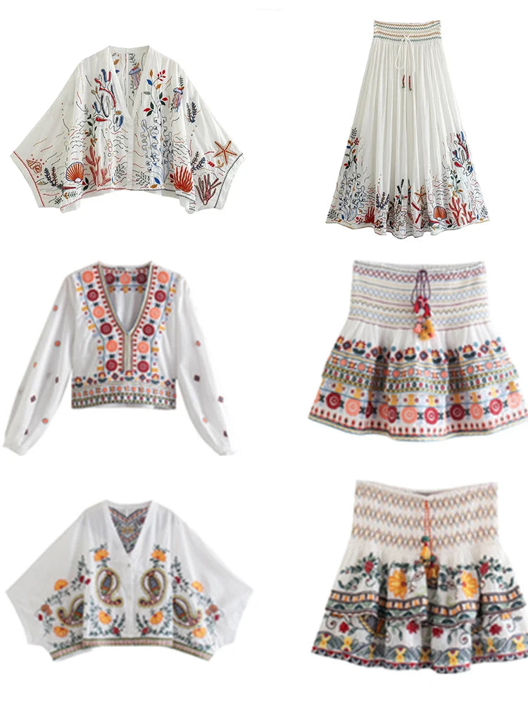 Batwing Sleeve Embriodery Paisley Print Skirt V Neck Vintage Set