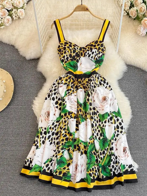 Vintage Rose Leopard Print Midi Dress