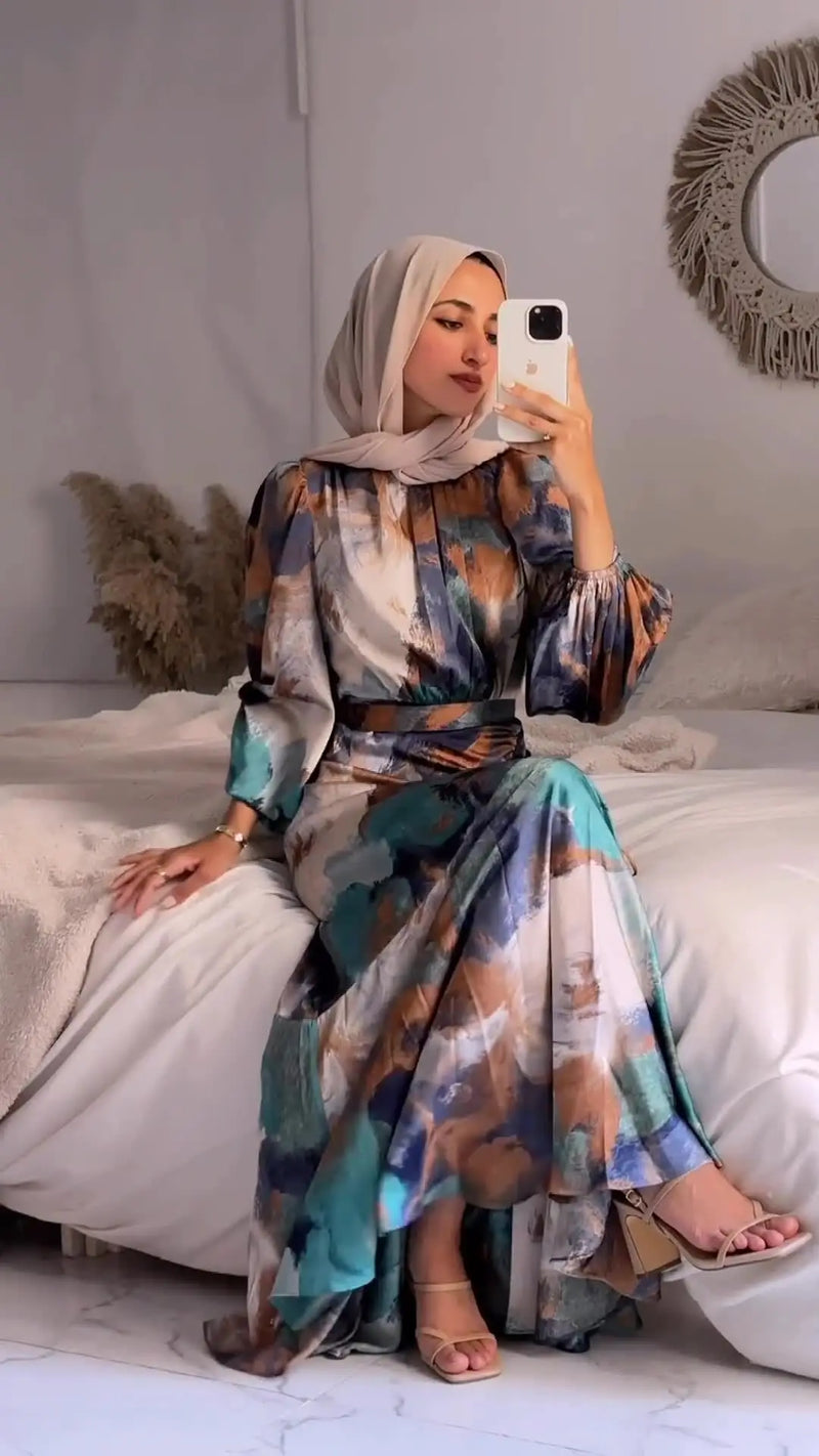 Exotic Floral Printed Long Skirt with Pleated Waist Dress