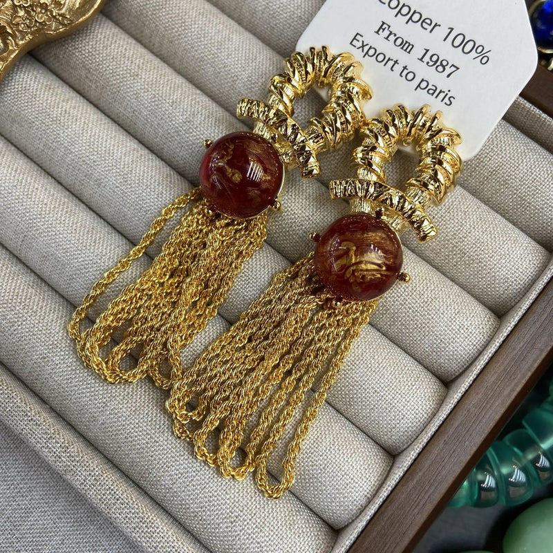 Vintage Red Tassel Drop Earrings