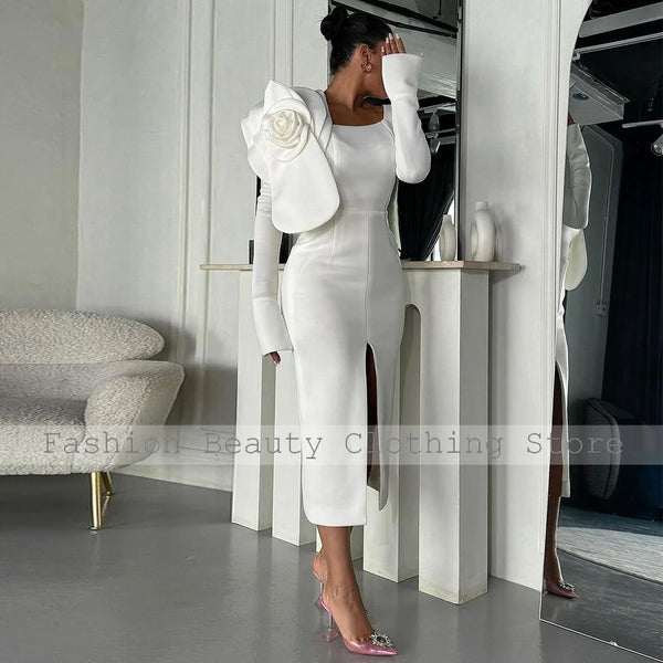 Elegant White Satin Handmade Flower Sheath Square Neck Dress
