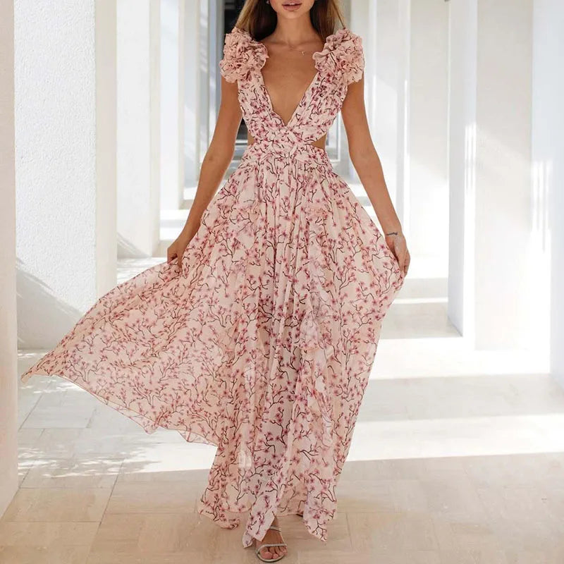 Elegant Floral Shoulder Deep V-neck Long Waist Ruffle Dress