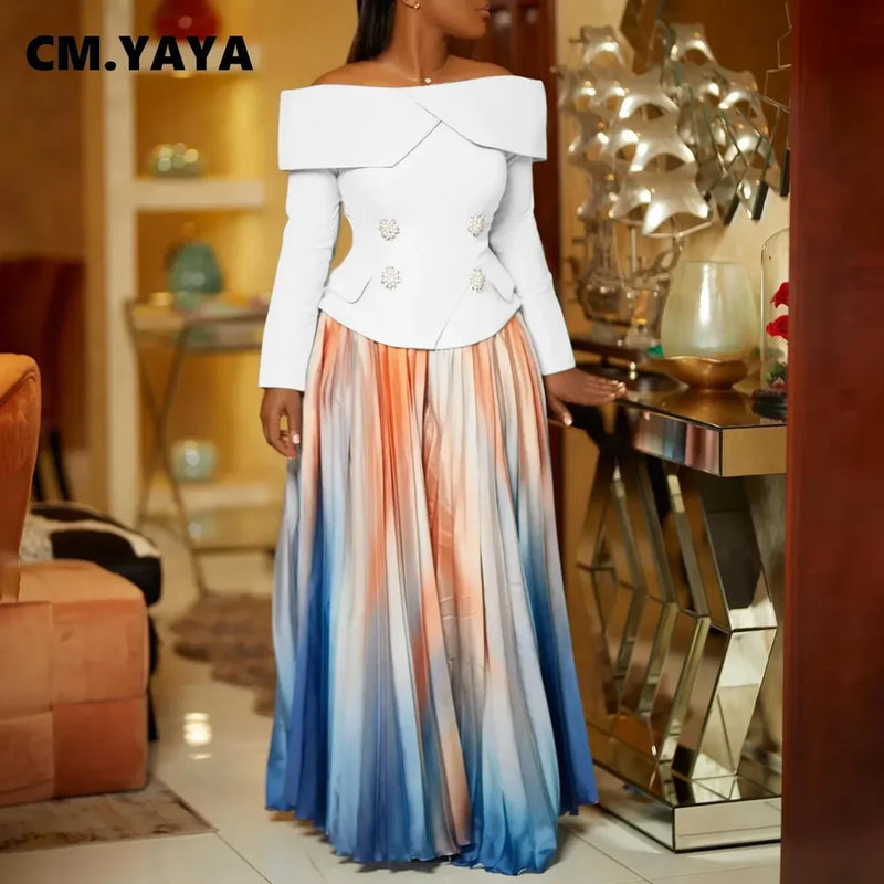 YAYA Set Full Sleeve Slash Neck Tops Shirt + Gradient Pleated Long Skirts