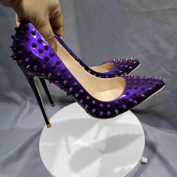 Purple Spikes Rivets Pointed Toe High Heels