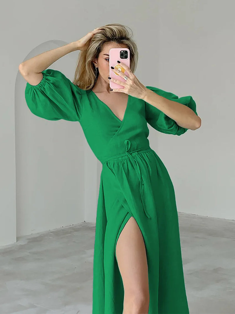 100% Cotton V Neck Elegant French High Waist Slim Dress