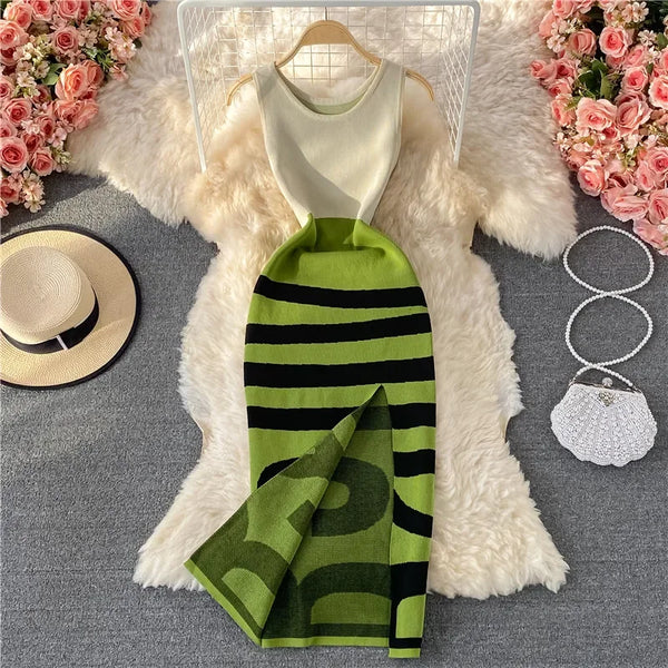 Elegant Vintage Striped Knitting Dress