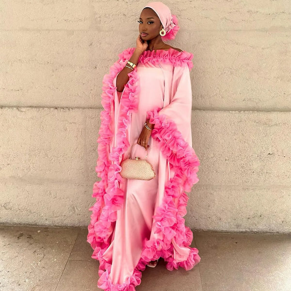 Pretty Pink Kaftan Fuchsia Ruffles Long Robe Full Sleeves