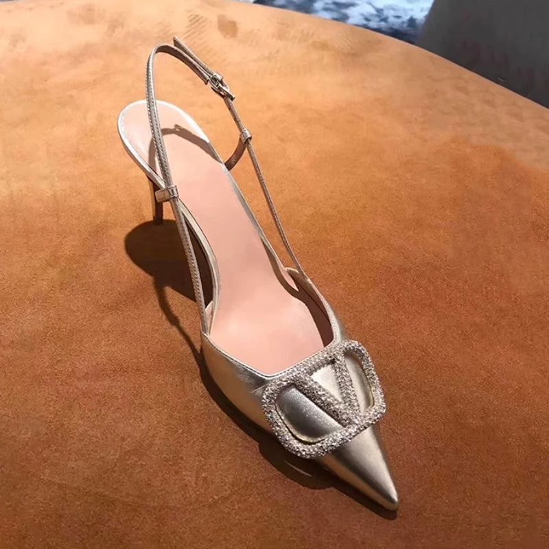 Rhinestone high heels with thin heels and pointed sandals