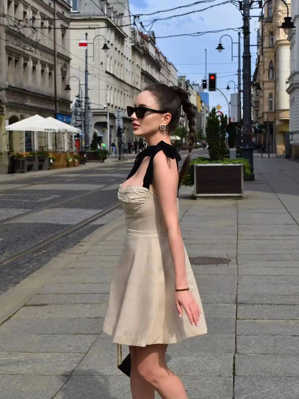 Contrast Bow Sling Mini Dress Sexy Backless Sleeveless A-line