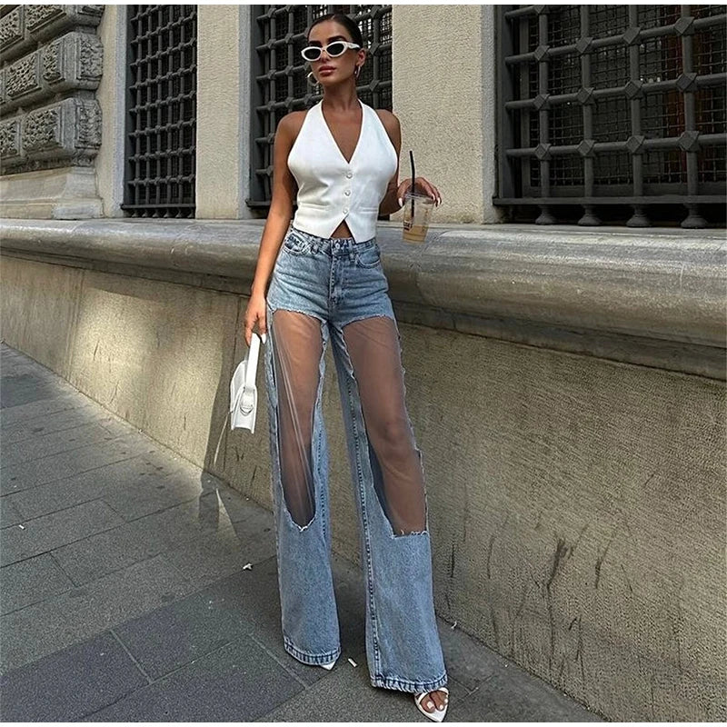Blue Denim With Sheer Mesh Knee Panels Hip Hop Style