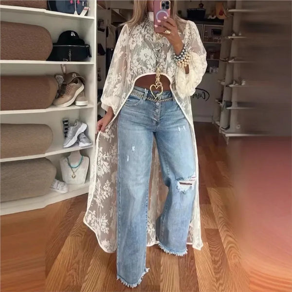 Shirt Top With High Neck Puff Sleeve Through Hollow-Out Front Short After Long Top Blouse