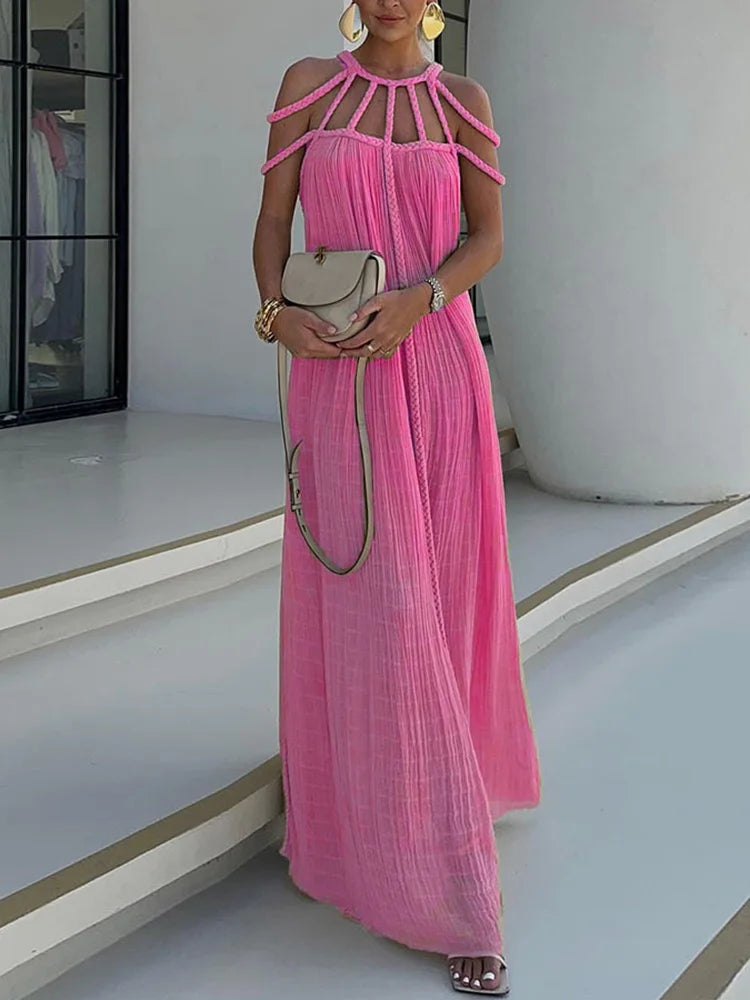 Beach Style Sleeveles Summer Hollow Out O-Neck Dress