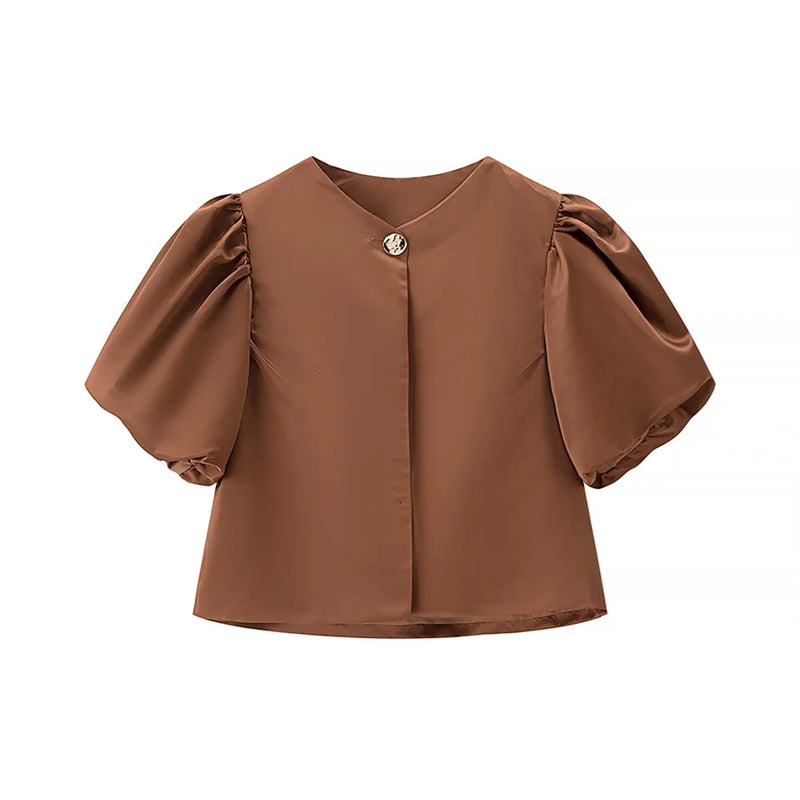 Casual Bubble Sleeve Shirt Round Neck Button