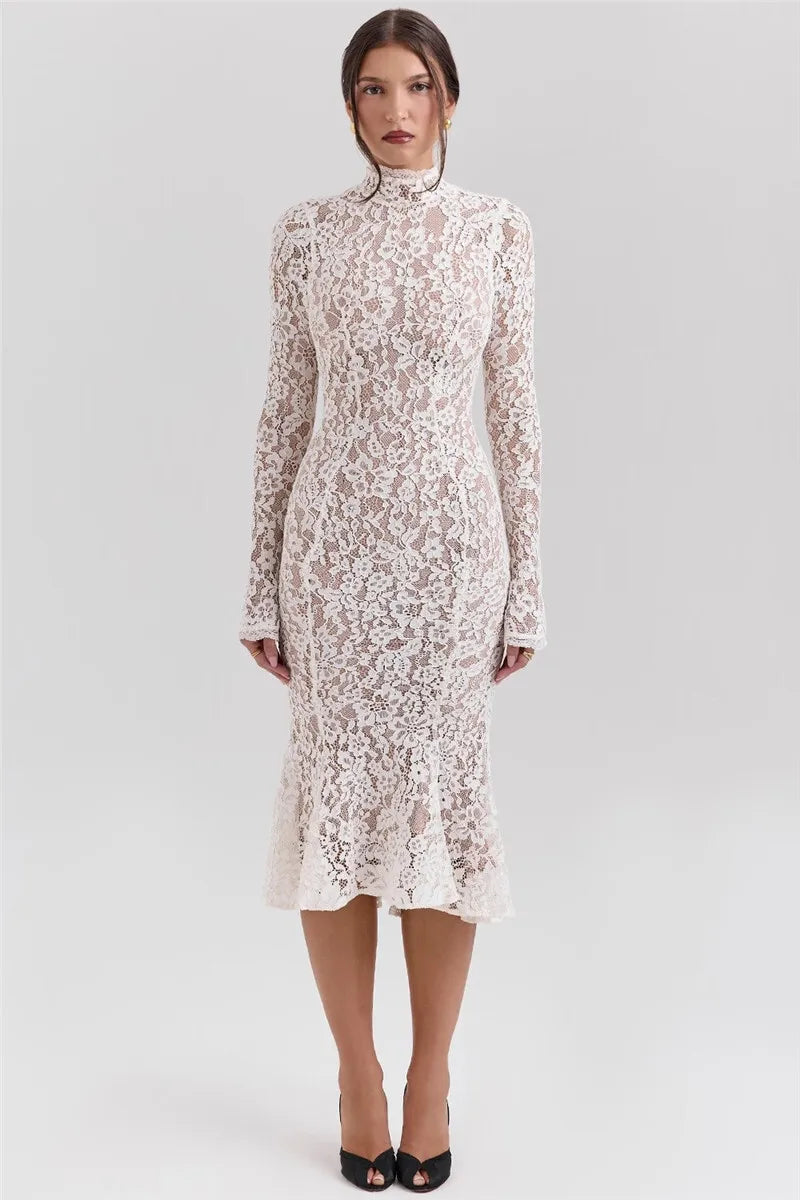 Elegant White Half High Collar High Waist Lace Long Sleeve Dress
