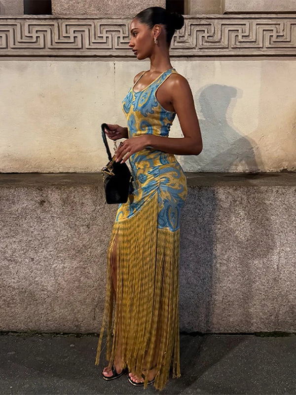 Tassels Print Long O-neck Sleeveless Dress