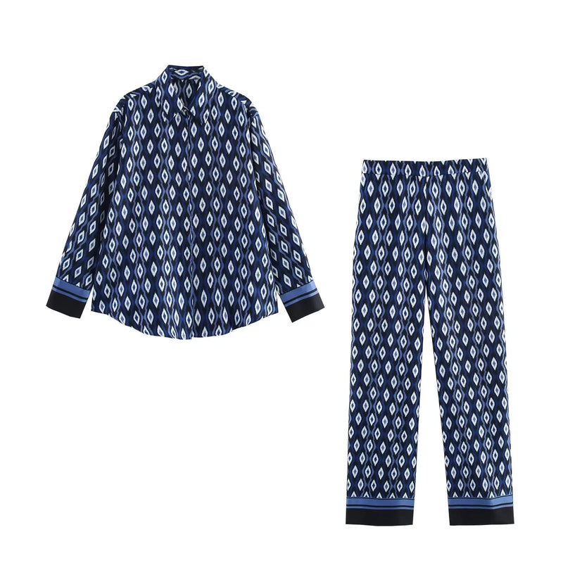 Vintage Blue Geometric Long Sleeve Loose Shirts+High Waist Wide Leg Pants