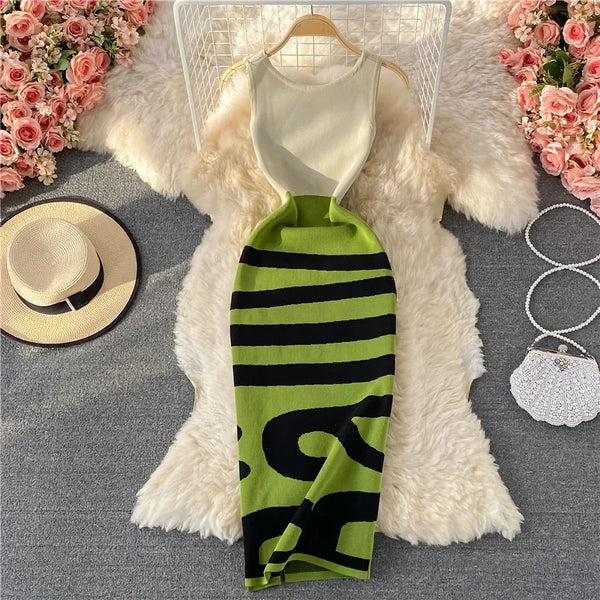 Elegant Vintage Striped Knitting Dress
