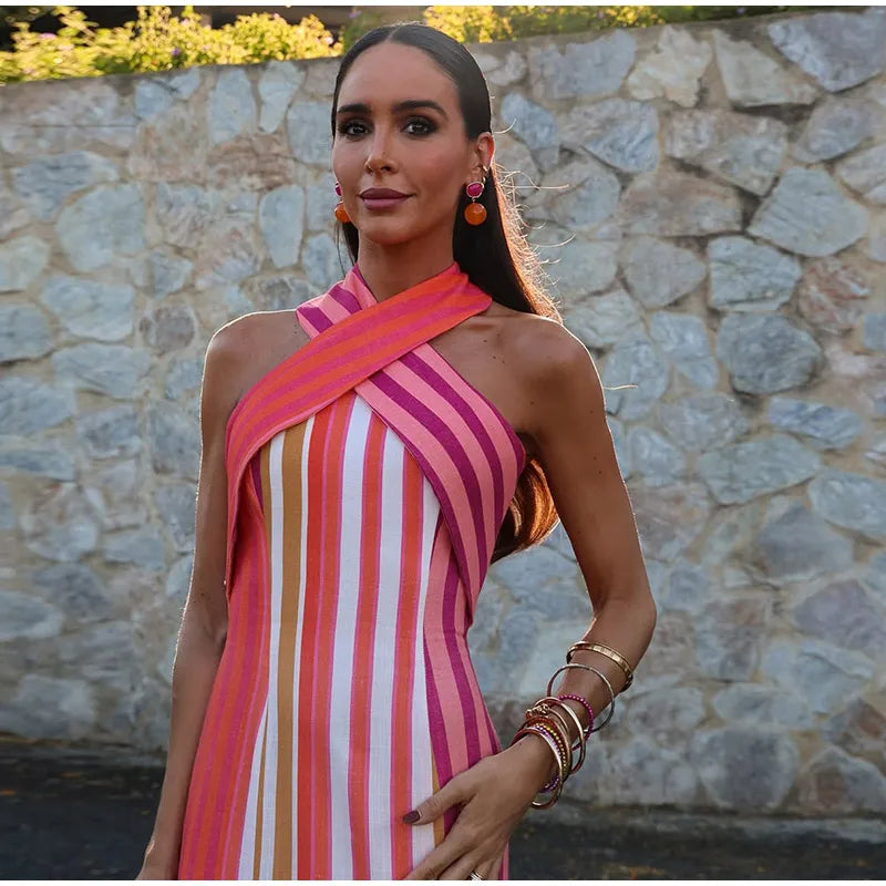 Contrast Striped Halte Off Shoulder Sleeveless Backless Slim Dress