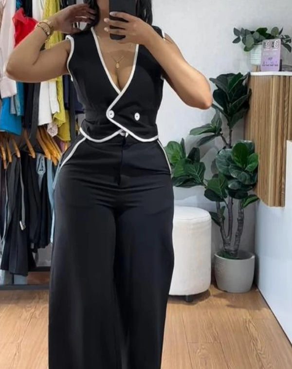 Two Piece Set V-Neck Sleeveless Vest Tank & Casual Wide Leg Pants