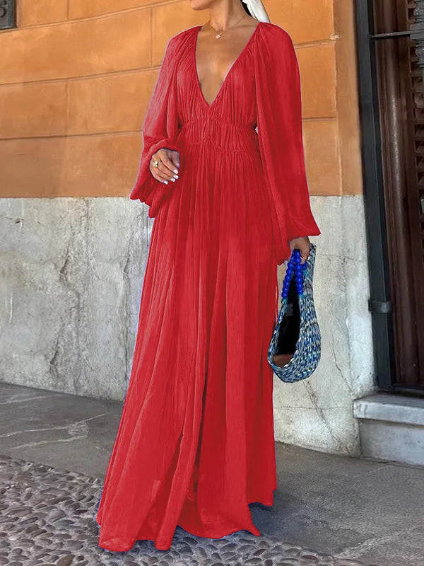 Summer Long Sleeve Deep V-Neck Elegant Dress