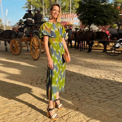 Summer Chic Print Short Puff Sleeves Split Long Dress