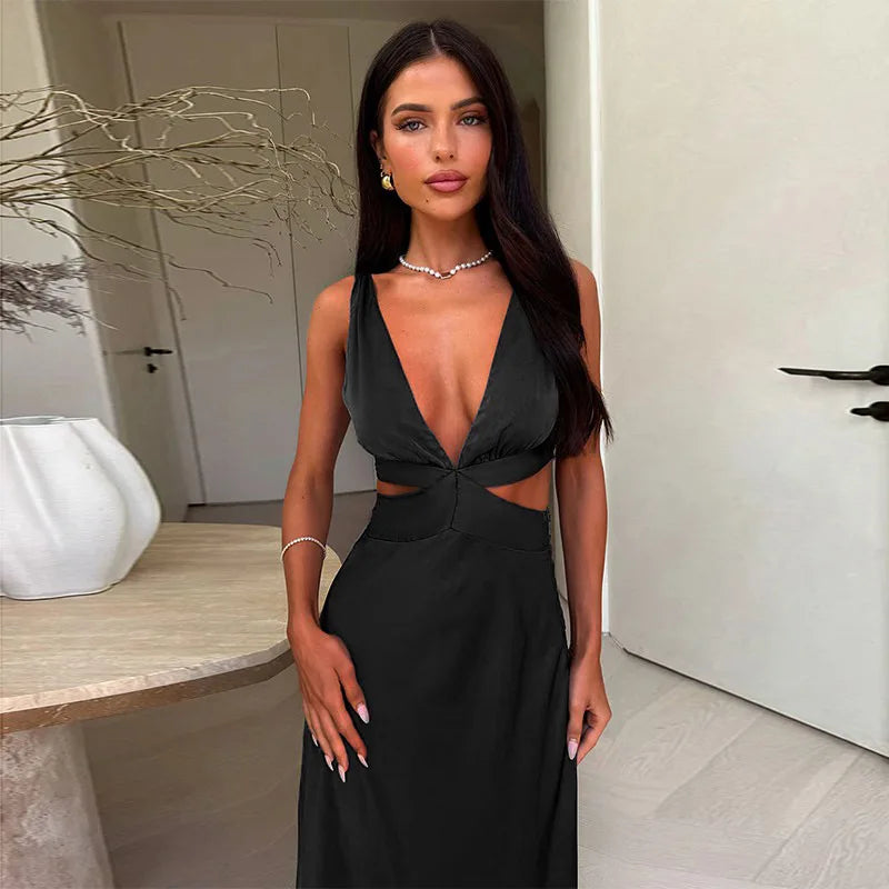 Deep V neck Hollow Sleeveless High Waist Dress