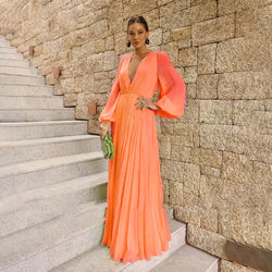 Camina Chiffon Deep V Neck Long Sleeve Dress