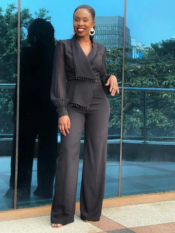 AOMEI Elegant Polo Bubble Sleeve Loose Wide Leg Pants