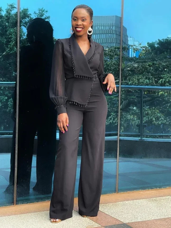 AOMEI Elegant Polo Bubble Sleeve Loose Wide Leg Pants