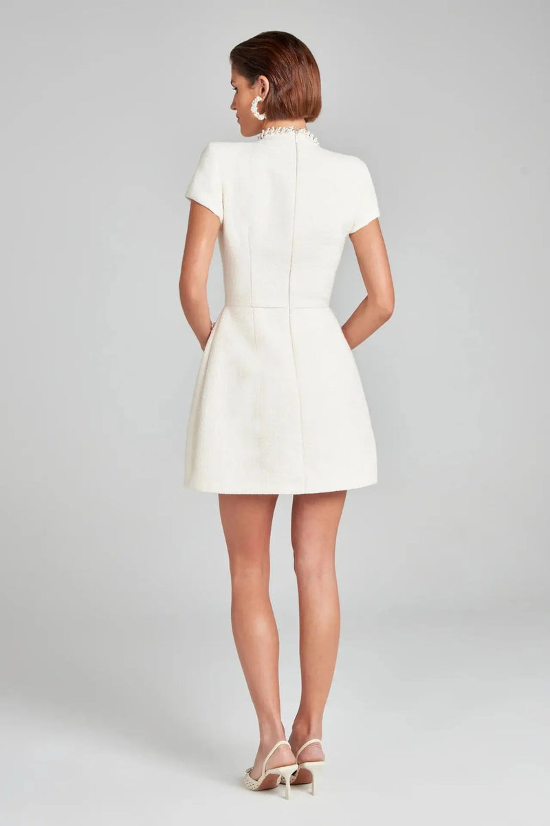 Elegant Tweed A-Line Slim Short Sleeve Retro O-Neck Patchwork Dress