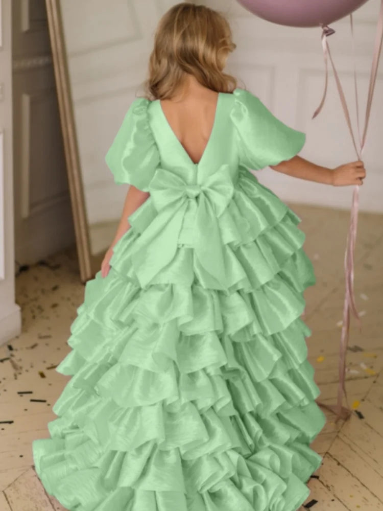 Flower Beige Tiered With Bow And Tailing Short Sleeve Dress