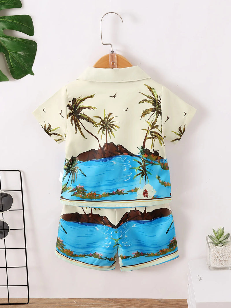Polo Collar Color Contrast Plant Leaf Print Short Sleeve Loose Pants