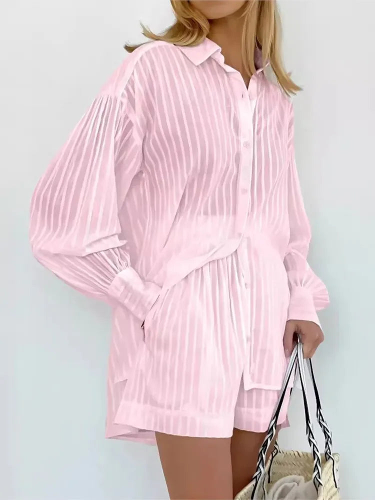 Summer Cotton Two Piece Stripe Long Sleeve Shirts Shorts