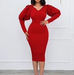 Spliced Long Sleeve Slim Fit Wrap Hip Split Elegant Dress