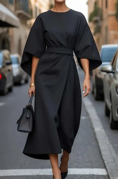 Elegant Solid High Waist Batwing Sleeve Long Dress