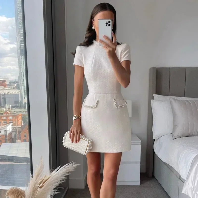 Elegant Tweed A-Line Slim Short Sleeve Retro O-Neck Patchwork Dress