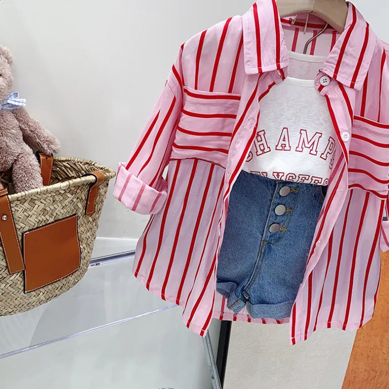Striped Long-sleeved Shirt + Monogram Vest+Denim Shorts 3pcs 3 To 7 Years