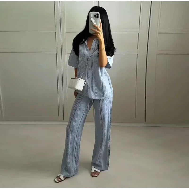 Tassels Knit Casual Single-breasted Short Sleeve Cardigan Lace Up Long Trousers