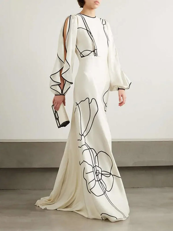 British Style Flower Printed Evening Dress