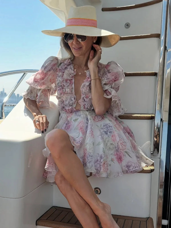 Elegant Flare Sleeve V Neck Pleated High Waist Dress