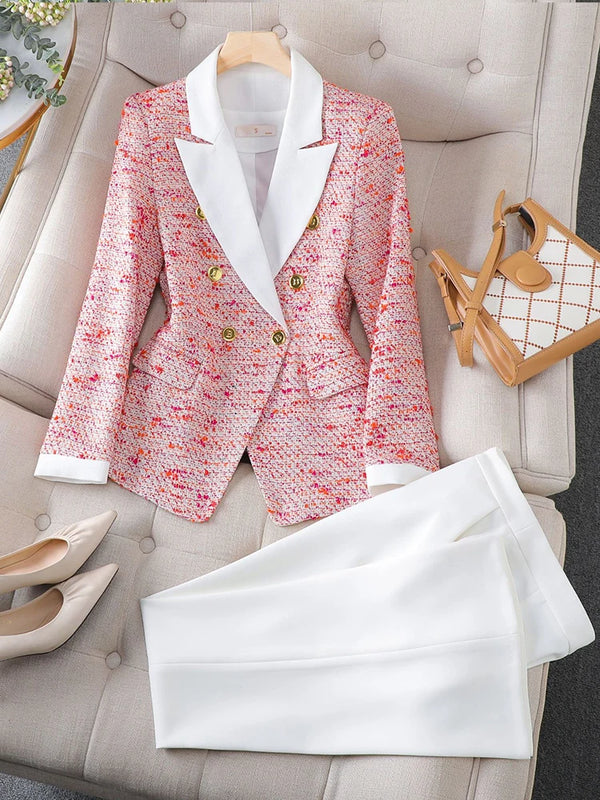 Long Sleeve Blazer Single Breasted Elegant Casual White Pants