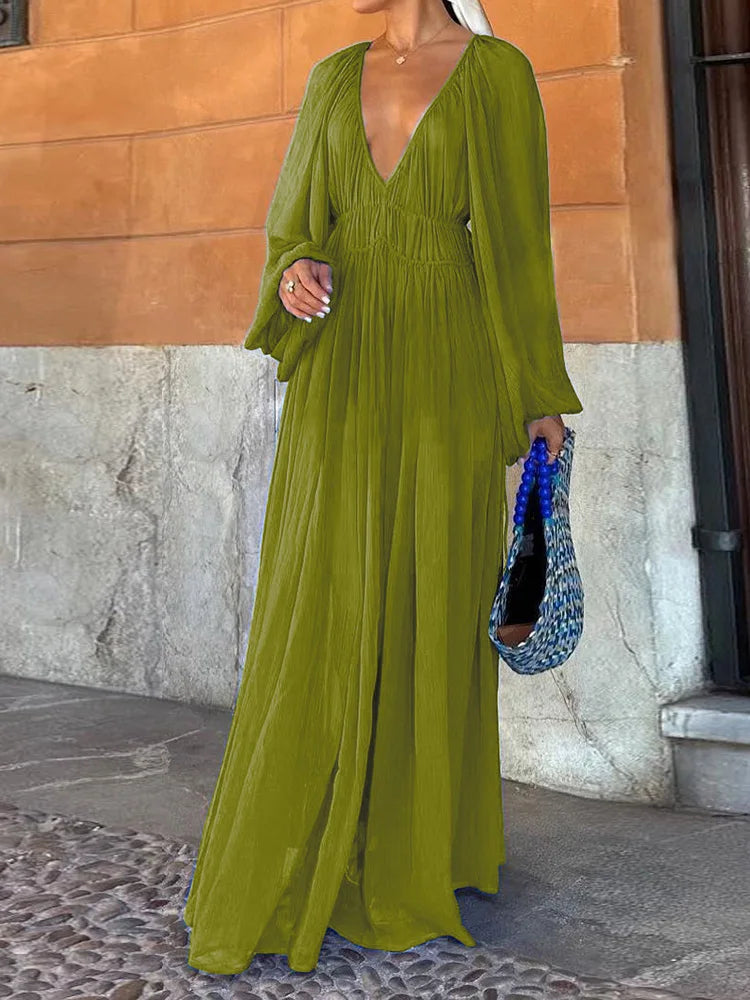 Summer Long Sleeve Deep V-Neck Elegant Dress