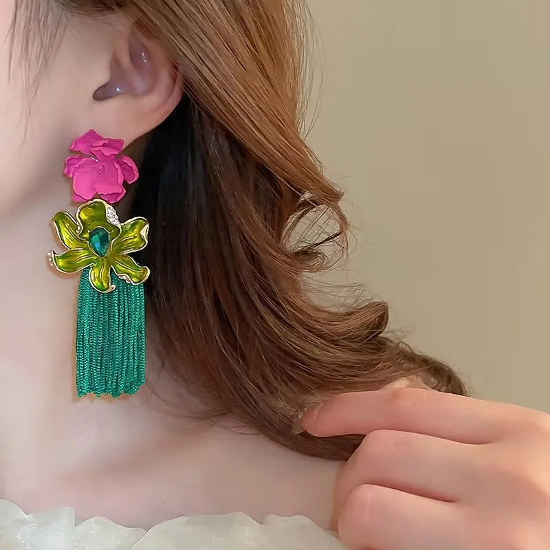Flower Exaggerated Long Tassel Earrings