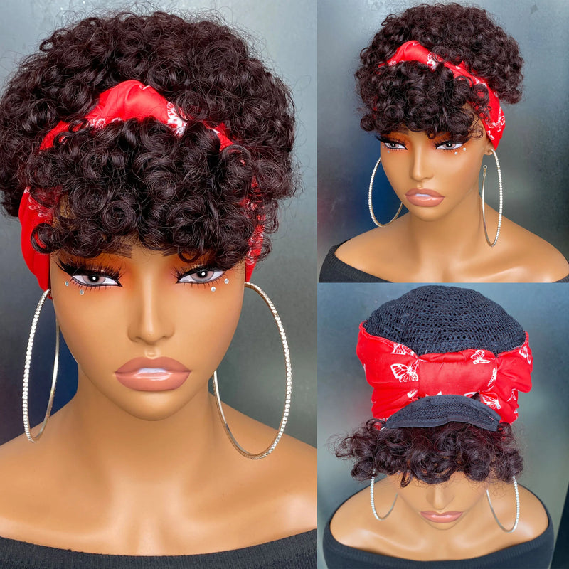 short pixie cut spiral curl with hedband  human hair wig