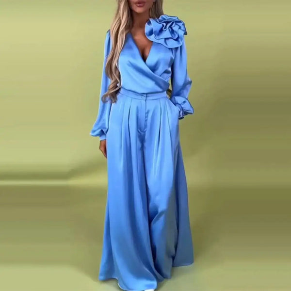 Flower Satin V Neck Long Sleeve Blouse High Waist Wide Leg Trousers
