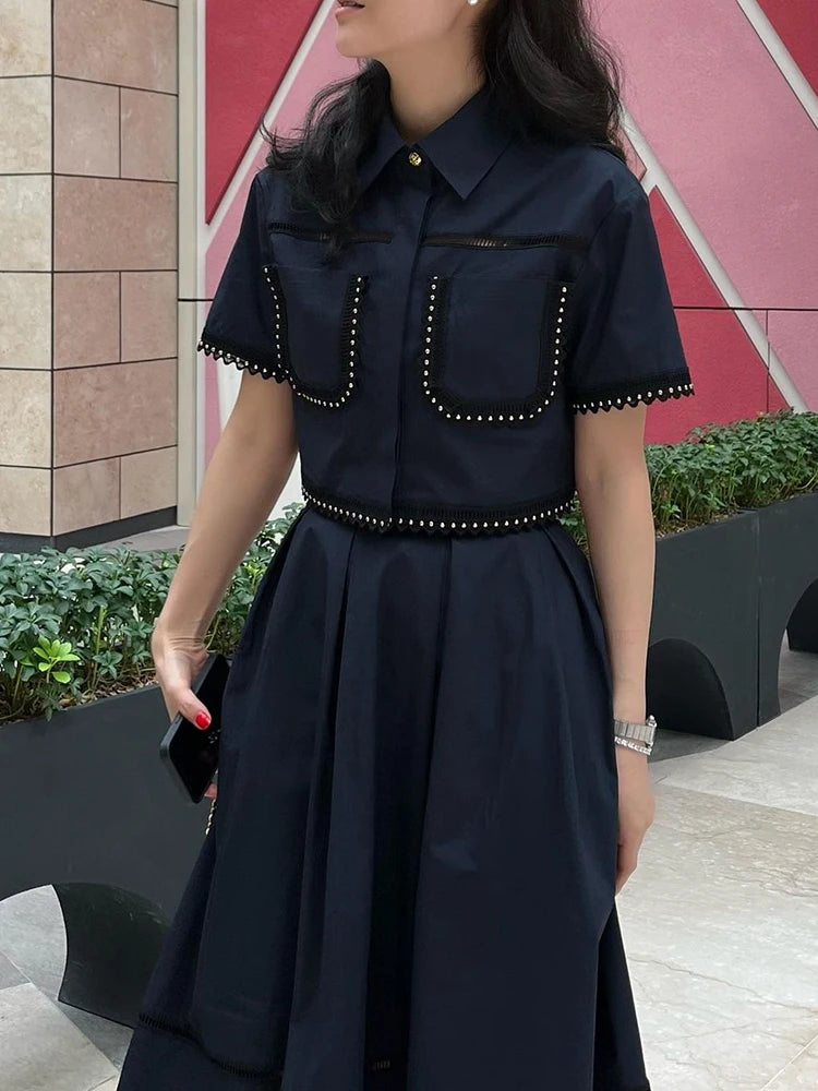 Elegant Lapel Short Sleeve Top High Waist A Line Pleated Skirt